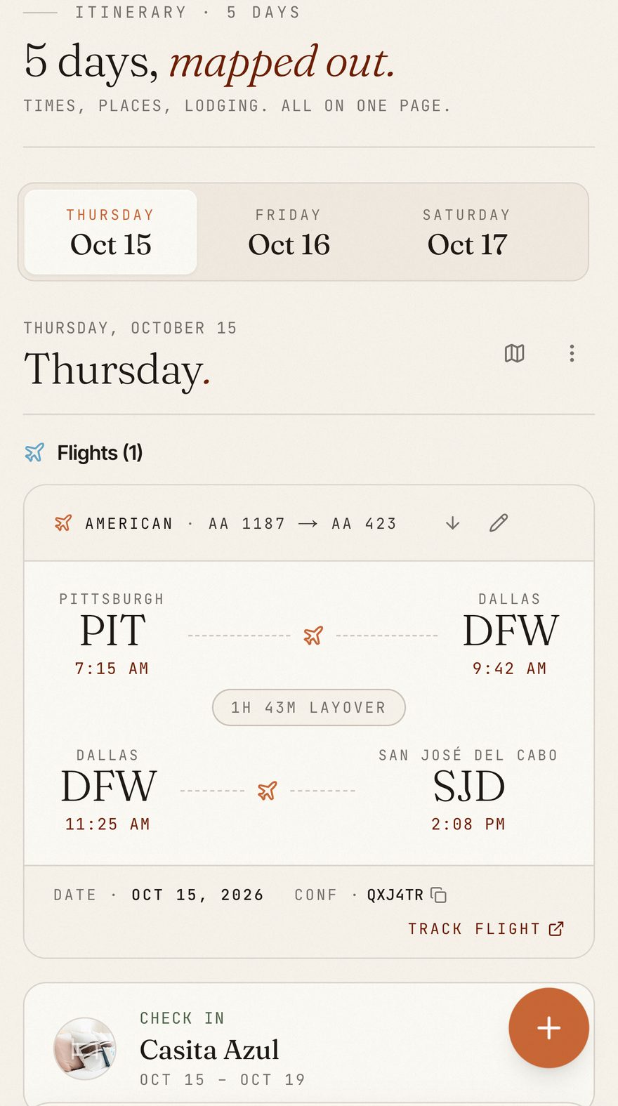 A Varde itinerary: the day picker, a flight with its layover, and the night's lodging.